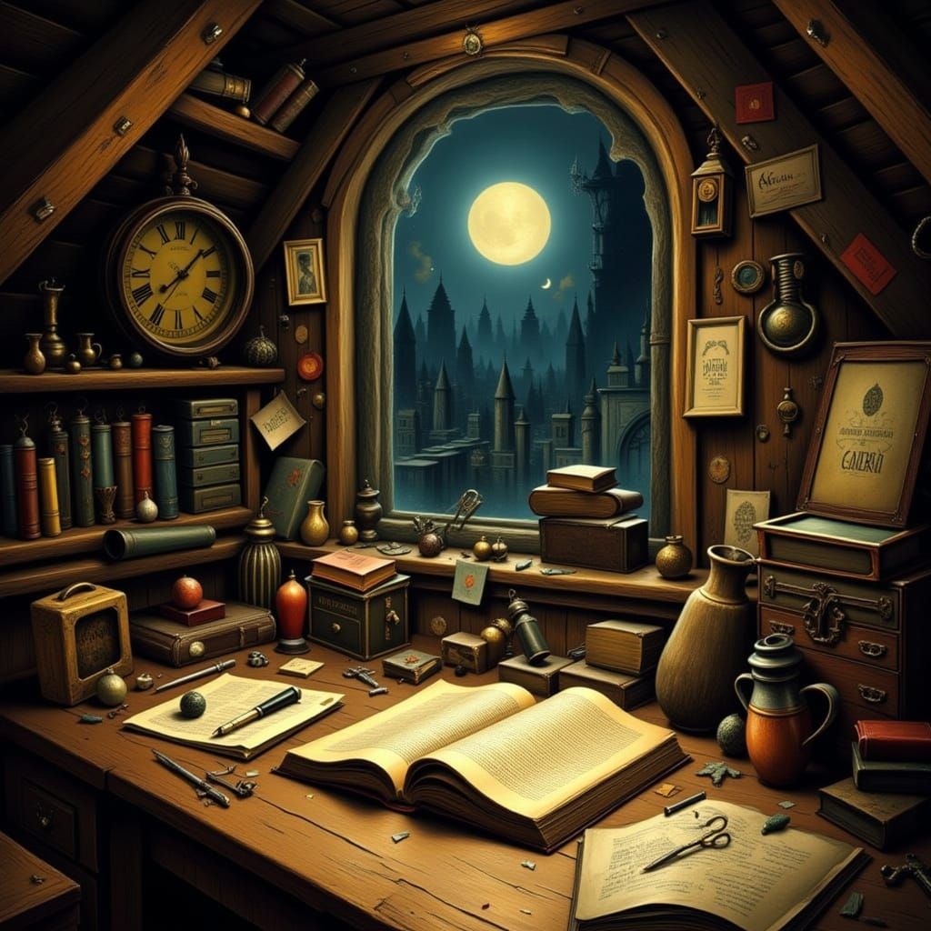 Cozy Attic Room Filled with Treasures, Moonlight Bathes Open...