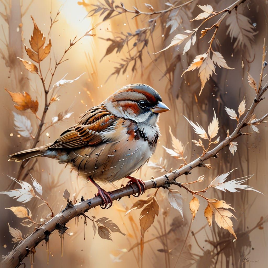 Sparrow on Branch in Watercolour Style