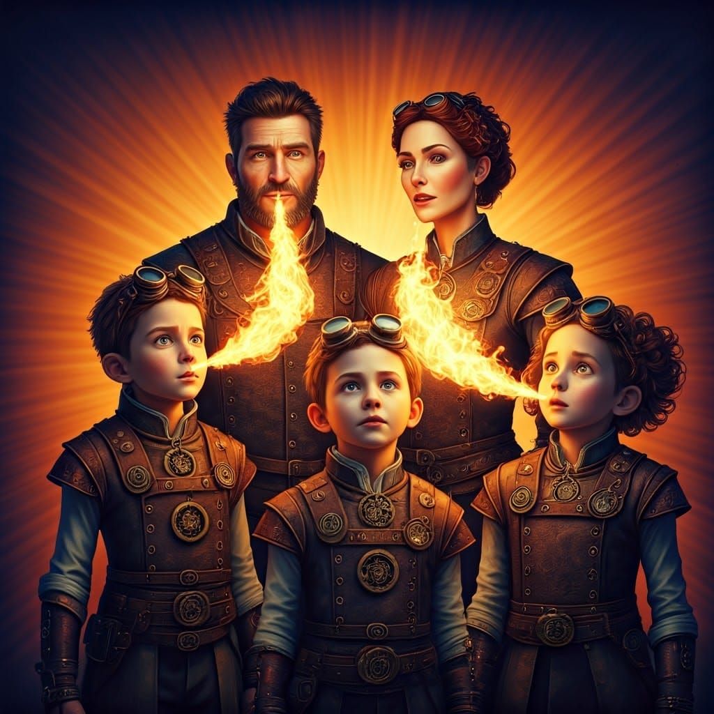 Steampunk Family Breathes Fire in Digital Art Style