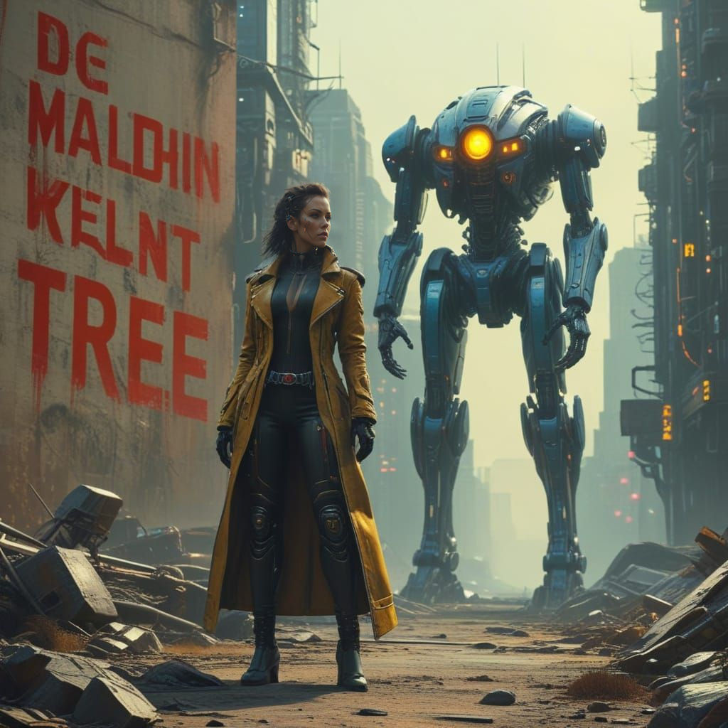 Cyberpunk Scientist Woman with Robot Defender in Post Apocal...