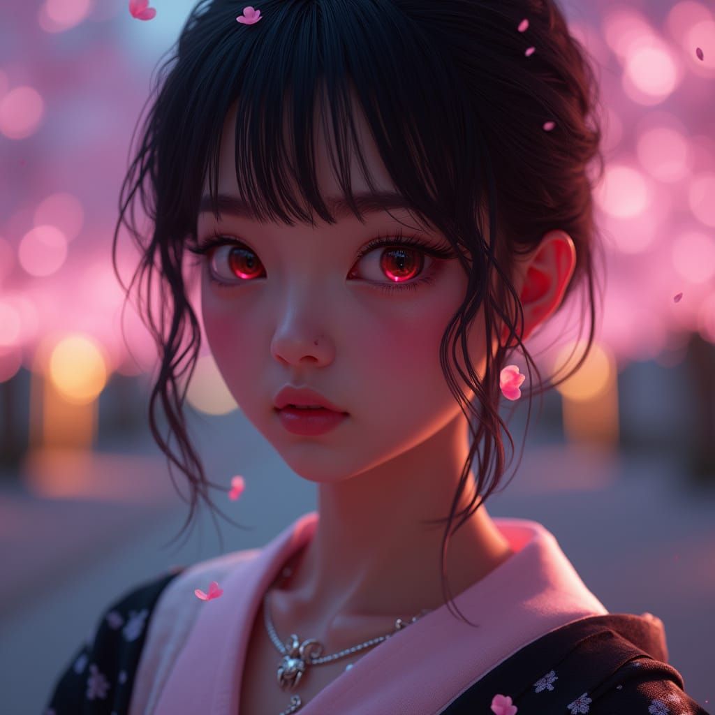 Afro-Japanese Woman Portrait with Cyberpunk Pastel Glow