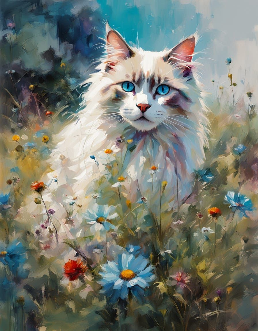 Dramatic Oil Painting of Ragdoll Cat in Sunlit Meadow