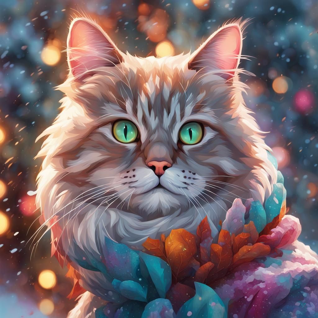 Colorful Winter Cat Portrait in Hyperdetailed Style
