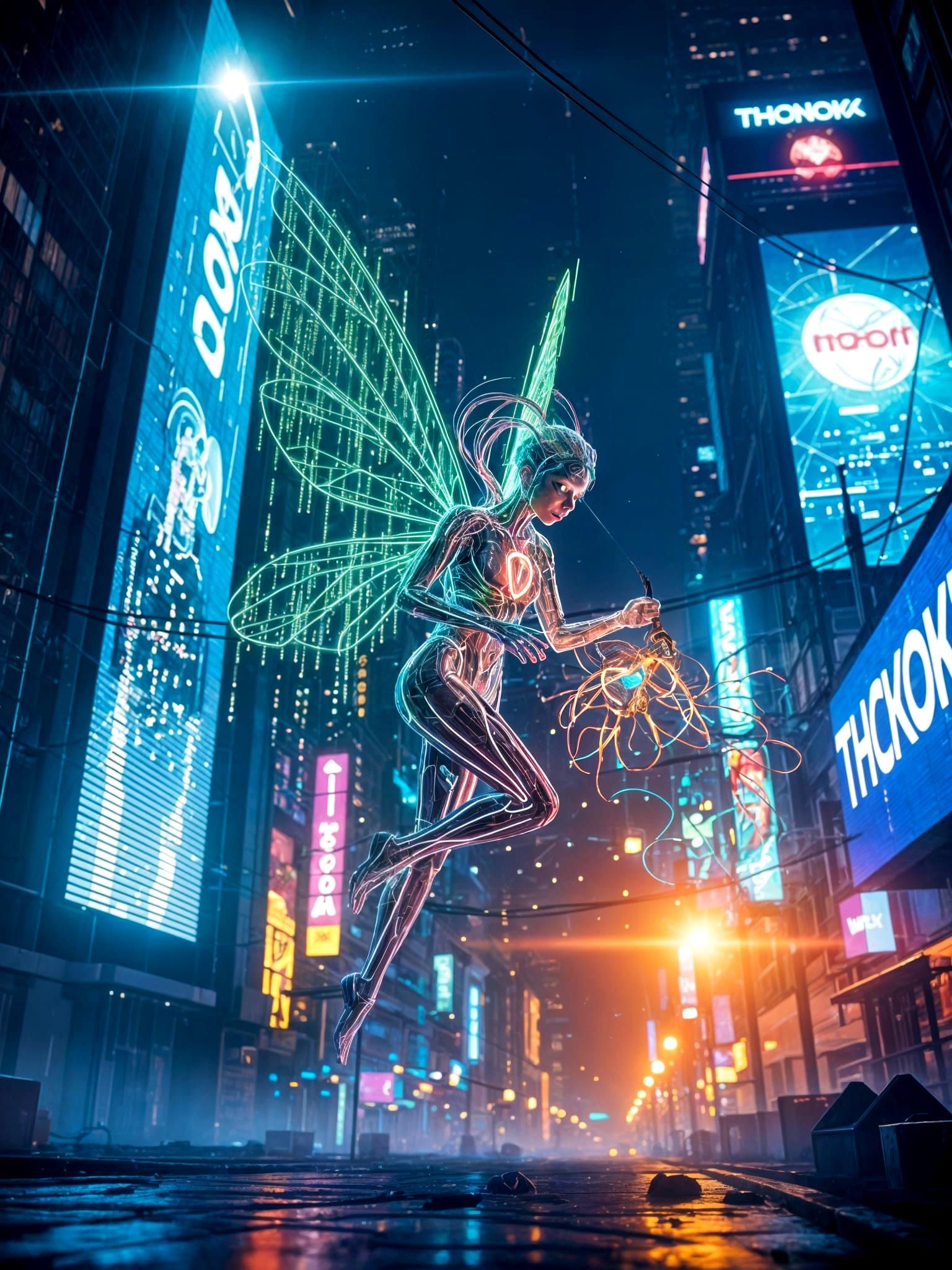 Circuitry Fairy in Neon Cityscape: Cyberpunk Style