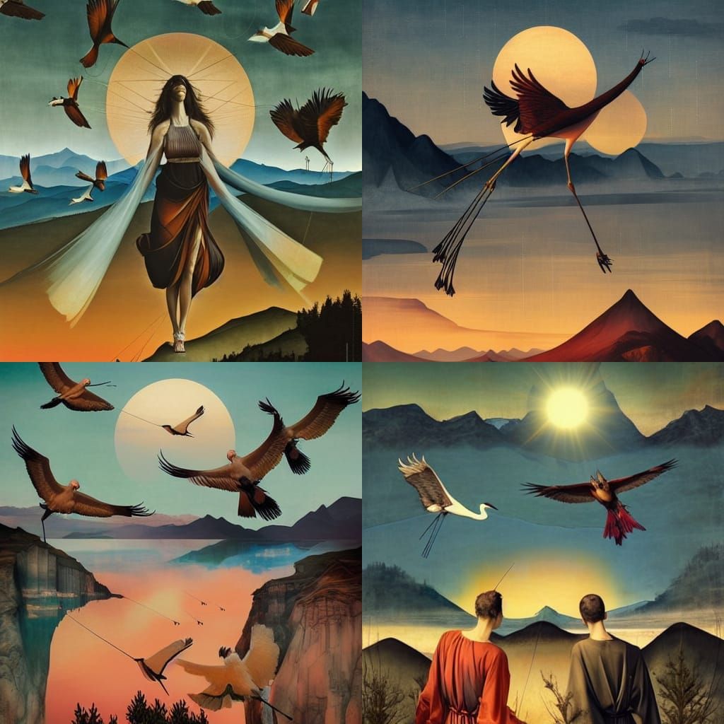 Cranes Fly Over Mountains at Sunset: Classical Painting
