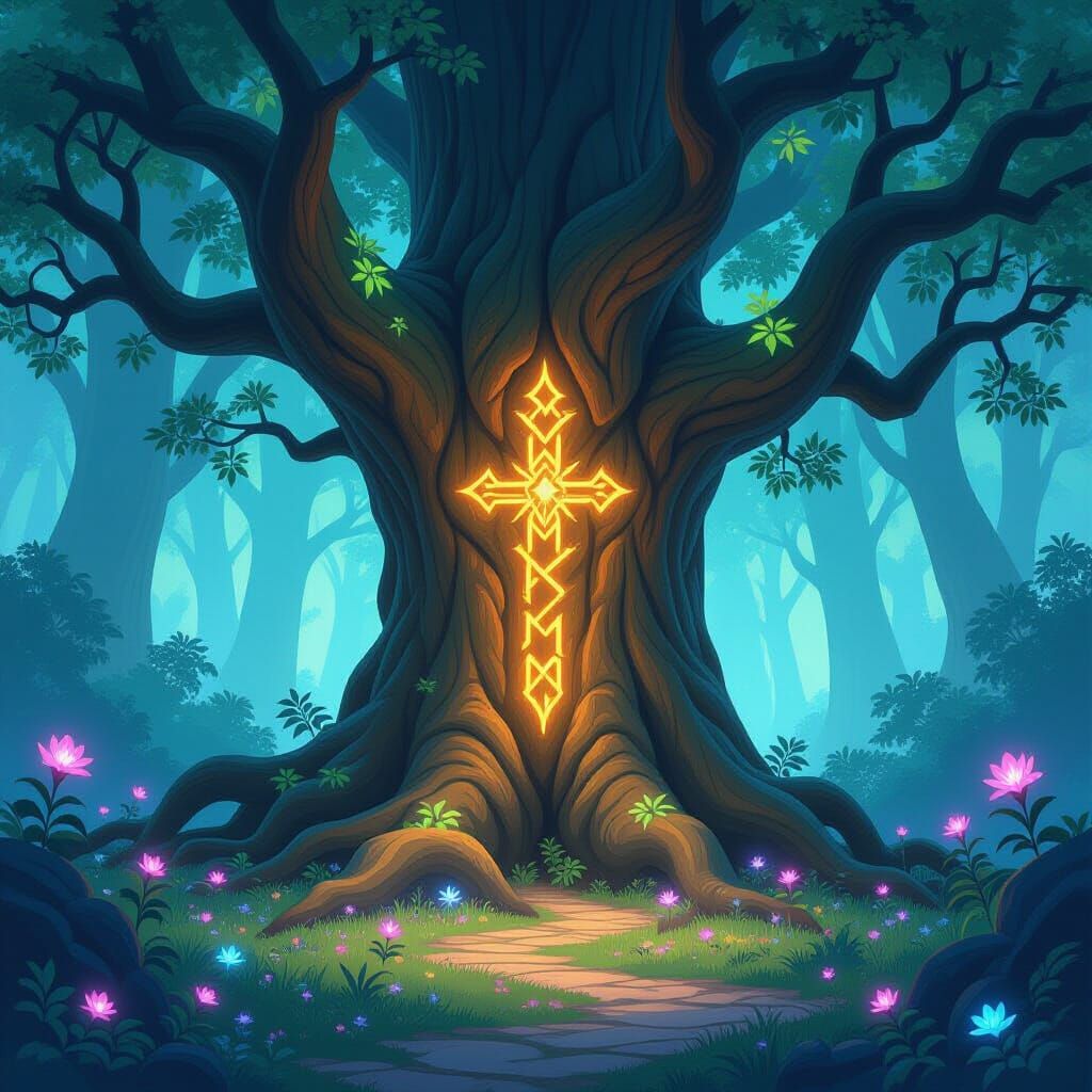 Ancient Mystical Tree with Glowing Runes