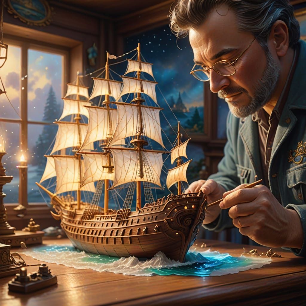 Man Building Model Ship in Ethereal Fantasy Art Style