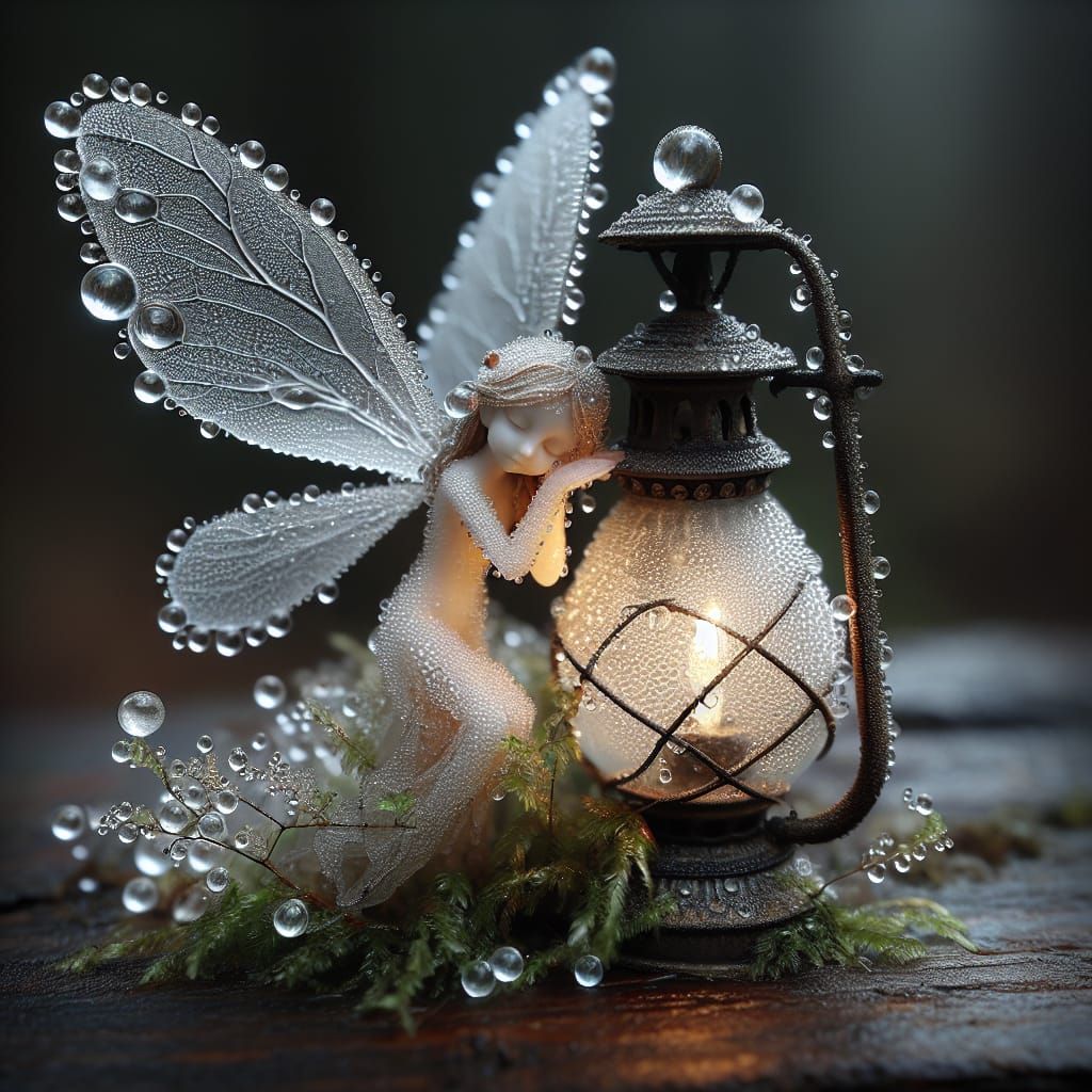 Dewdrop Fairy with Vintage Lamp in Lantern