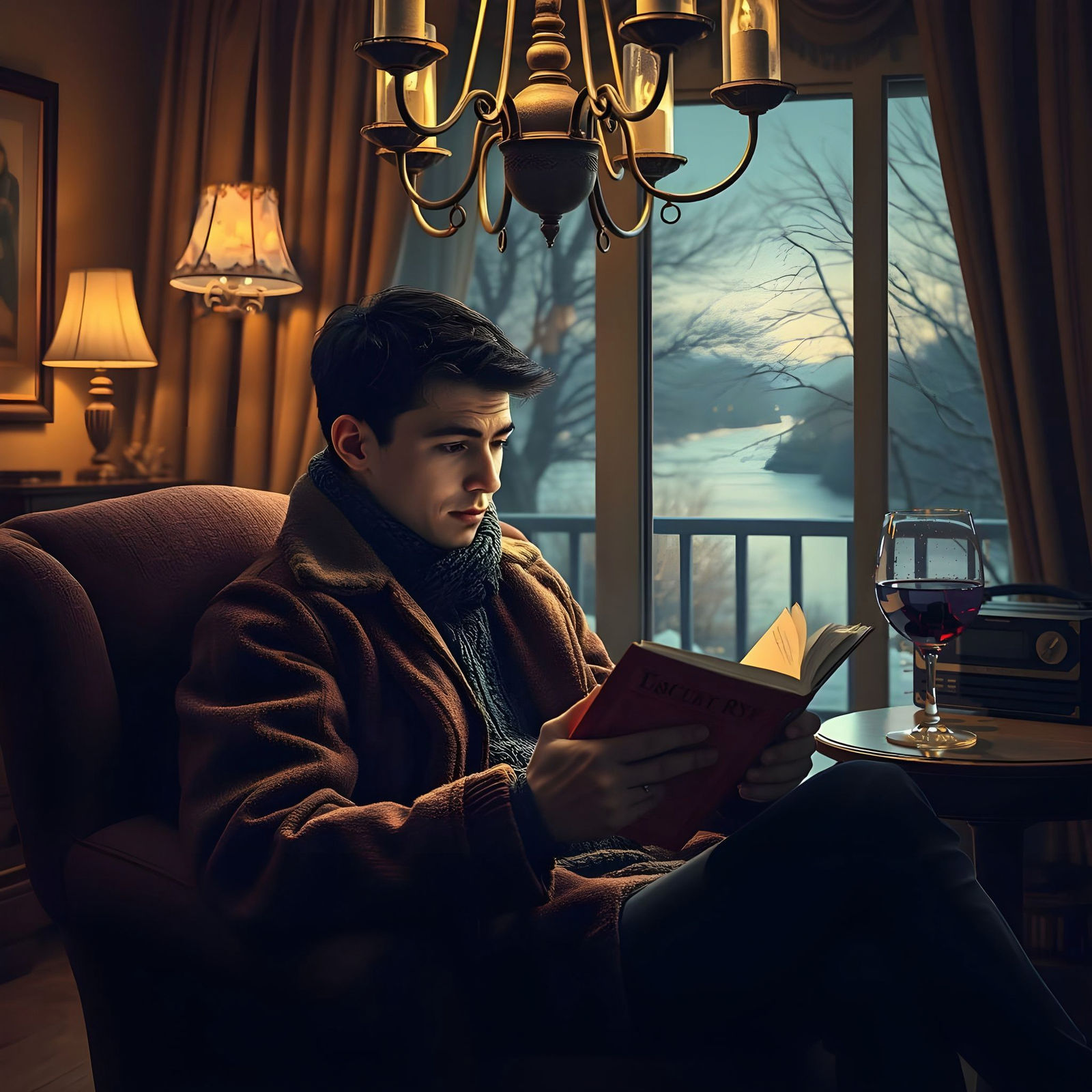 Young Man Enjoys Winter Evening in Cozy Living Room