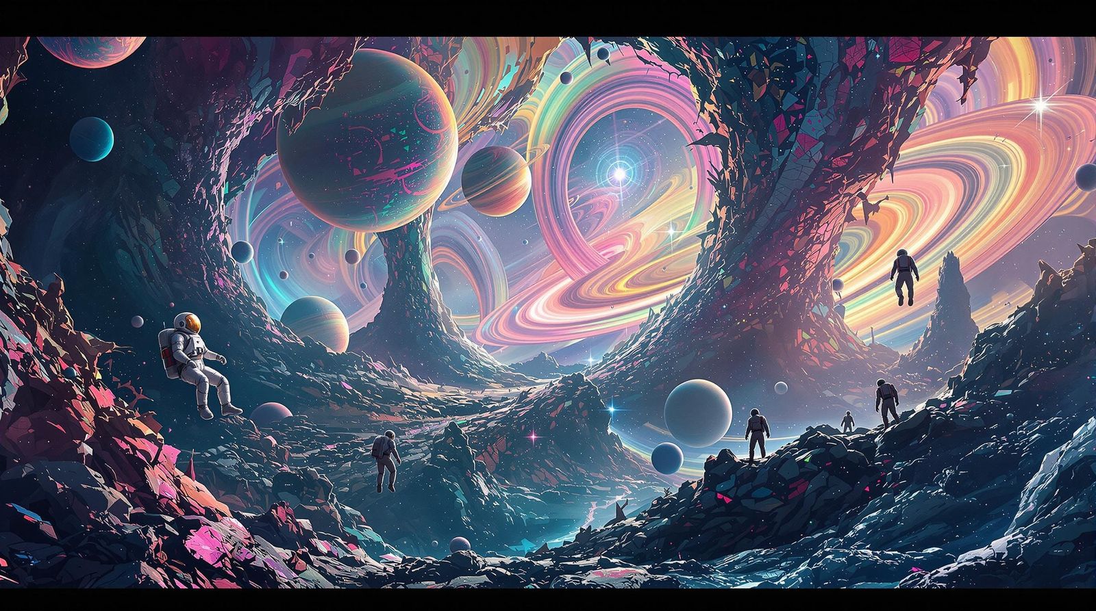 Surreal Futuristic Landscape of Celestial Bodies and Alien B...