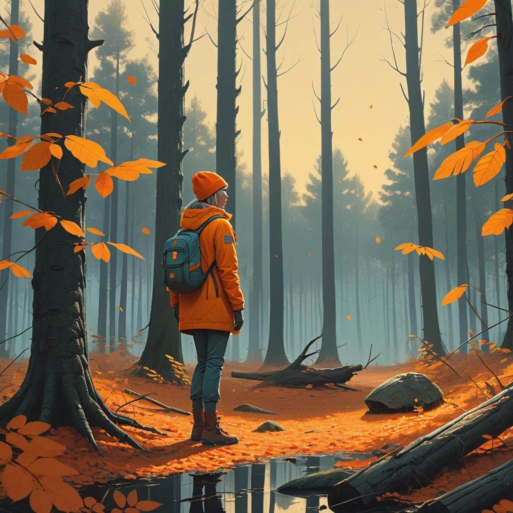 Elf and Luminous Being in Autumnal Forest