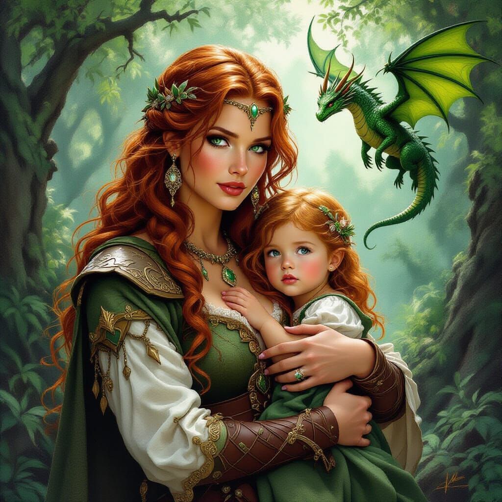Red-Haired Woman and Dragon in Forest, Hyperrealistic Style