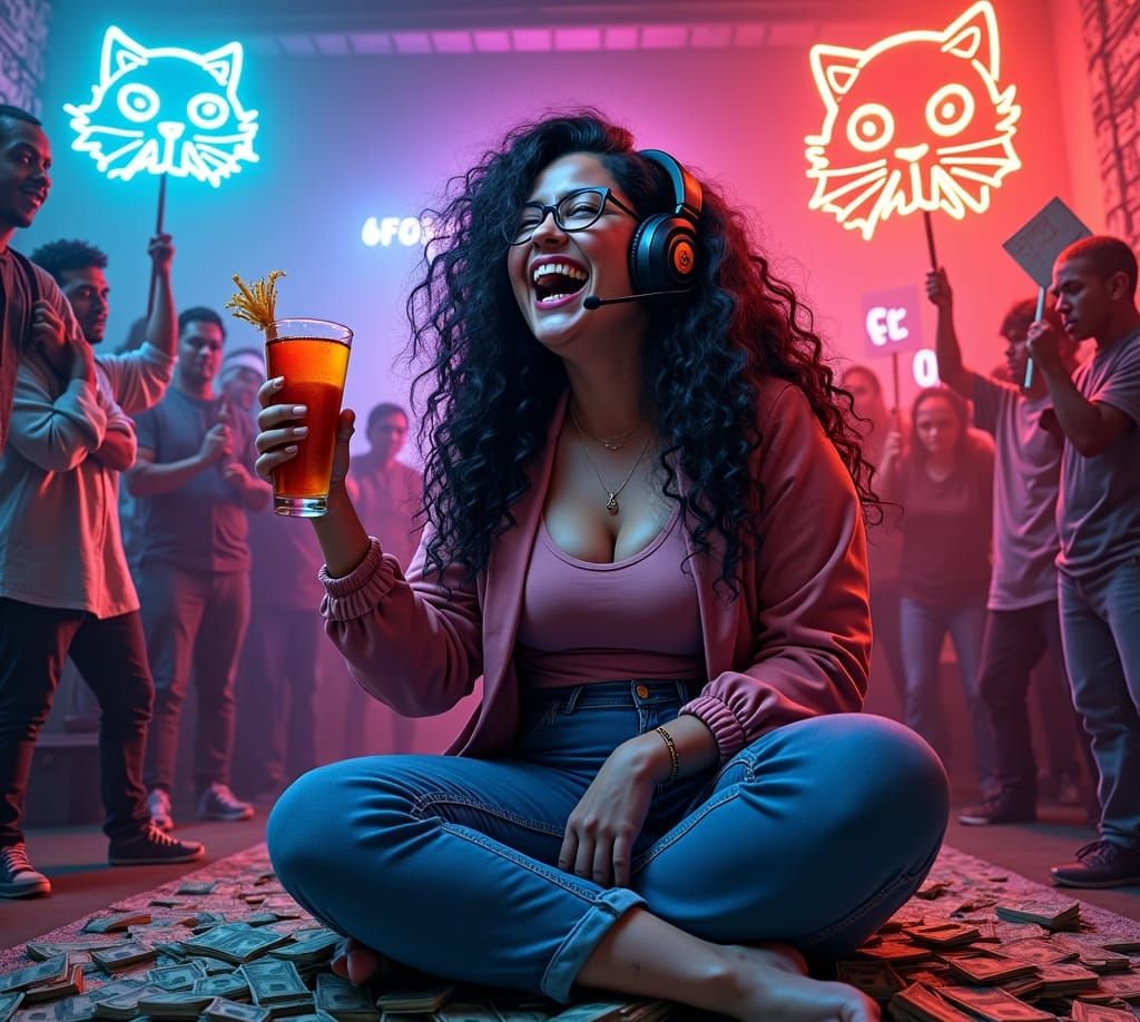 Latina Streamer Laughing Over Pile of Money