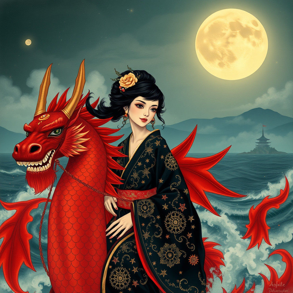 Woman Riding Kirin in Art Deco Japanese Style