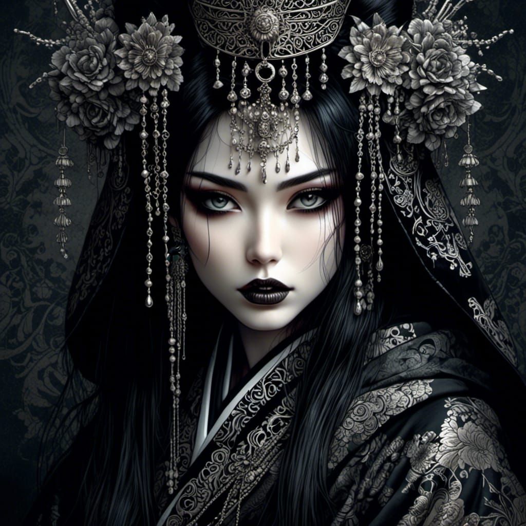 Gothic Geisha in Dark Garden: Photorealistic Digital Art