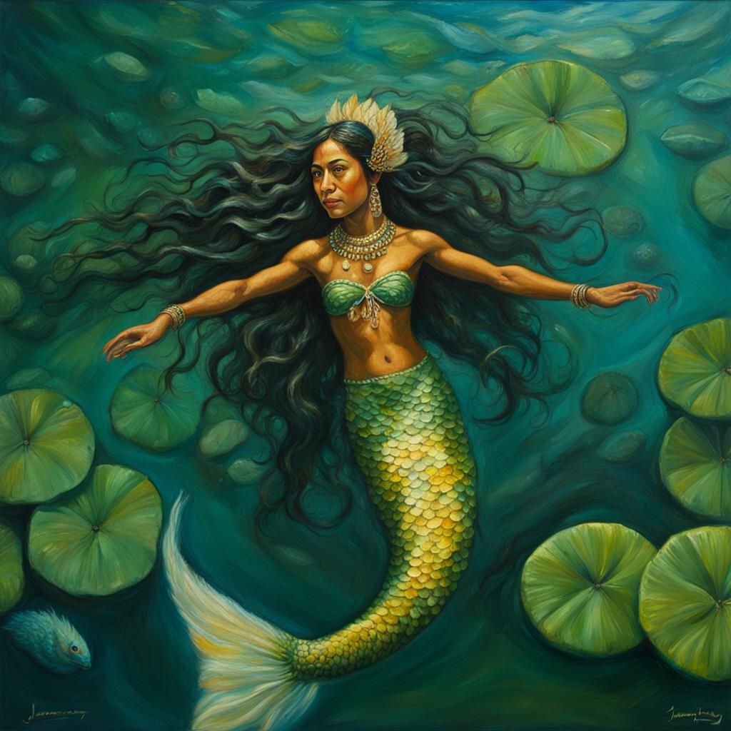 Native Brazilian Mermaid in Amazon River as Oil Painting