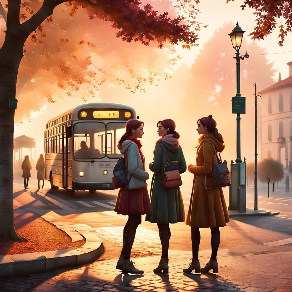 Italian Girls at Bus Stop in Anime Style