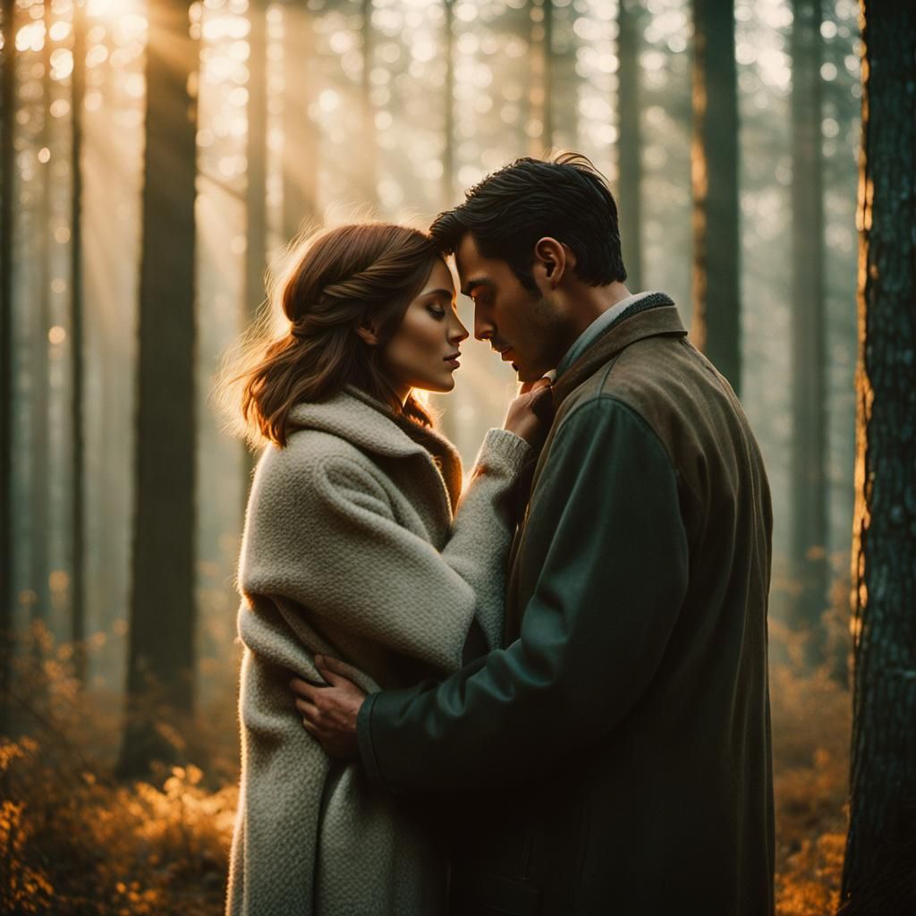 Romantic Couple in Misty Forest, Cinematic Film Still