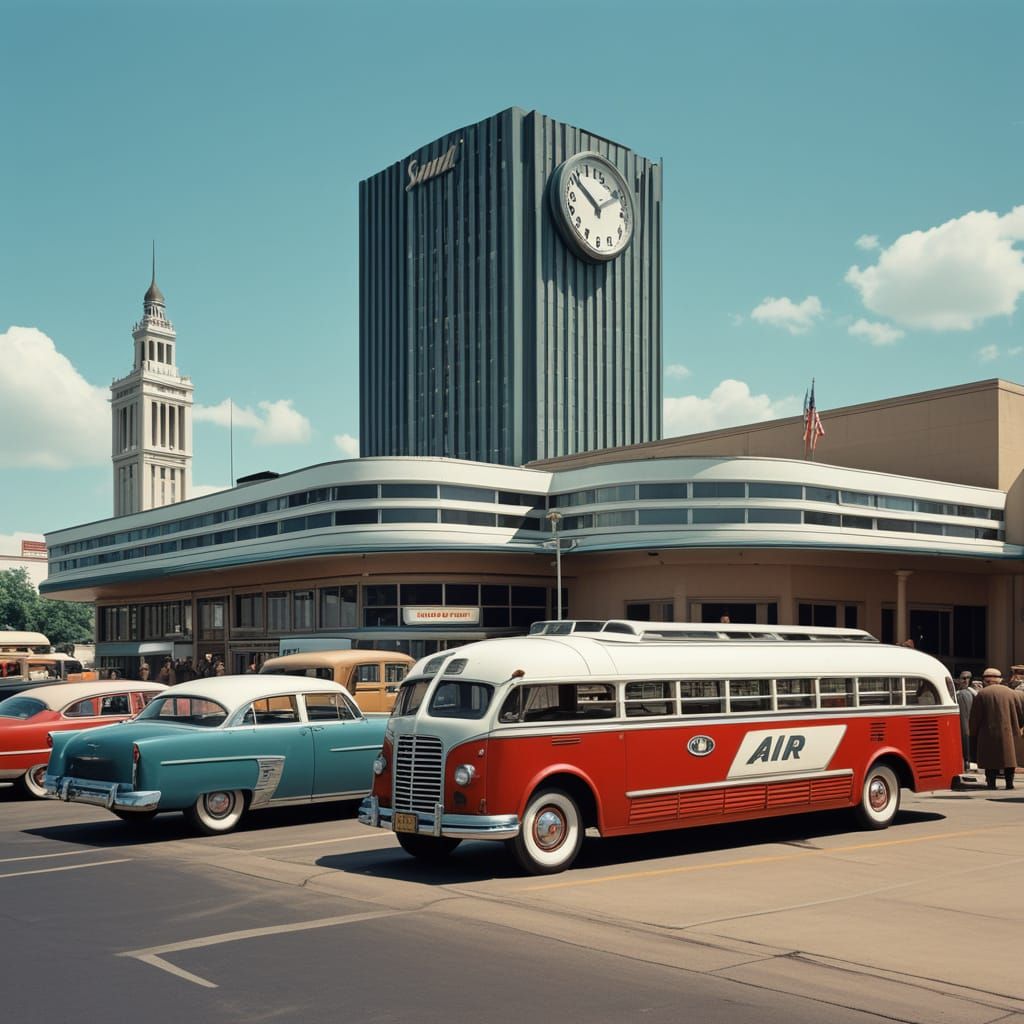 Retro Transportation Hub with Greyhound Scenicruiser Bus