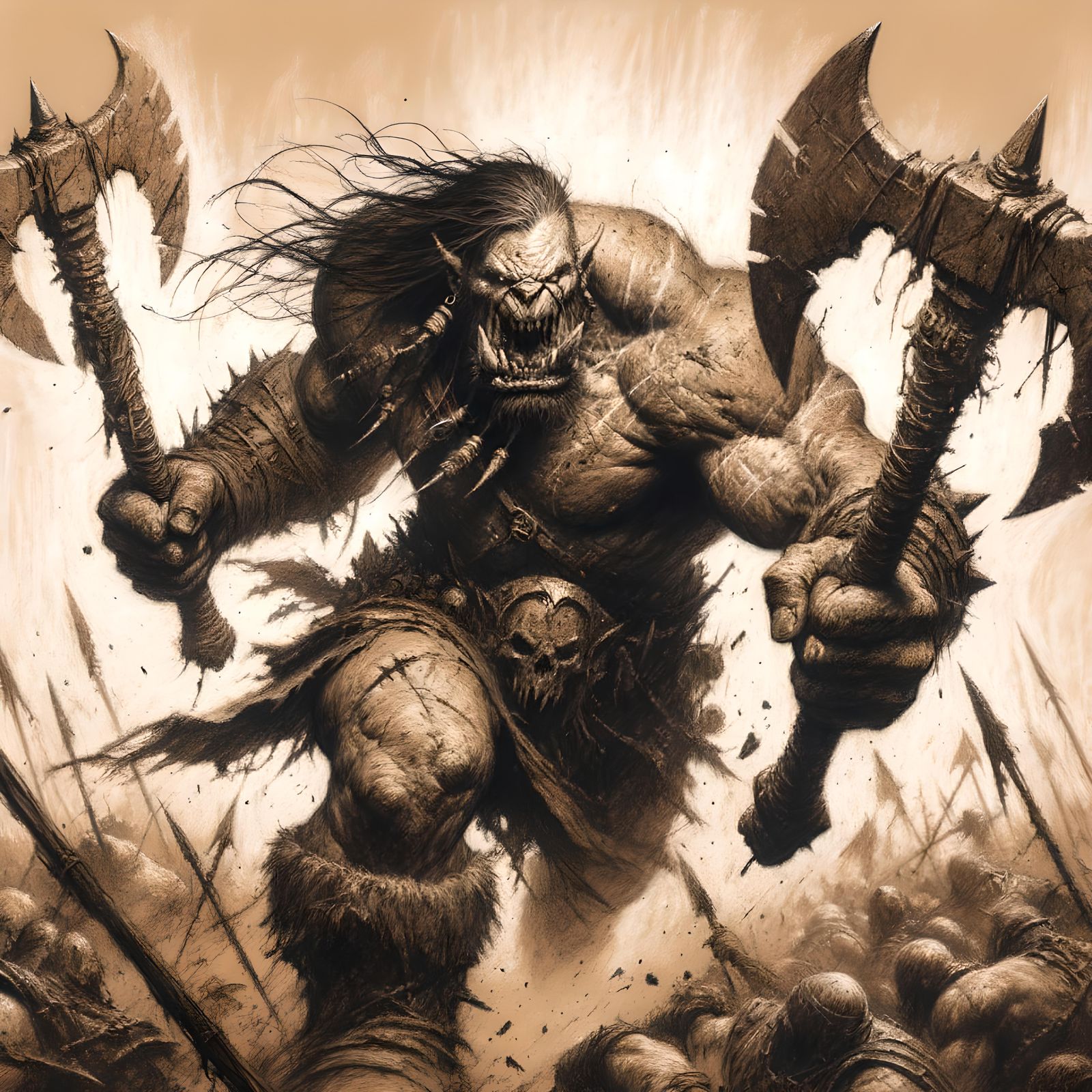 Orc Warboss Charging into Battle: Charcoal Drawing