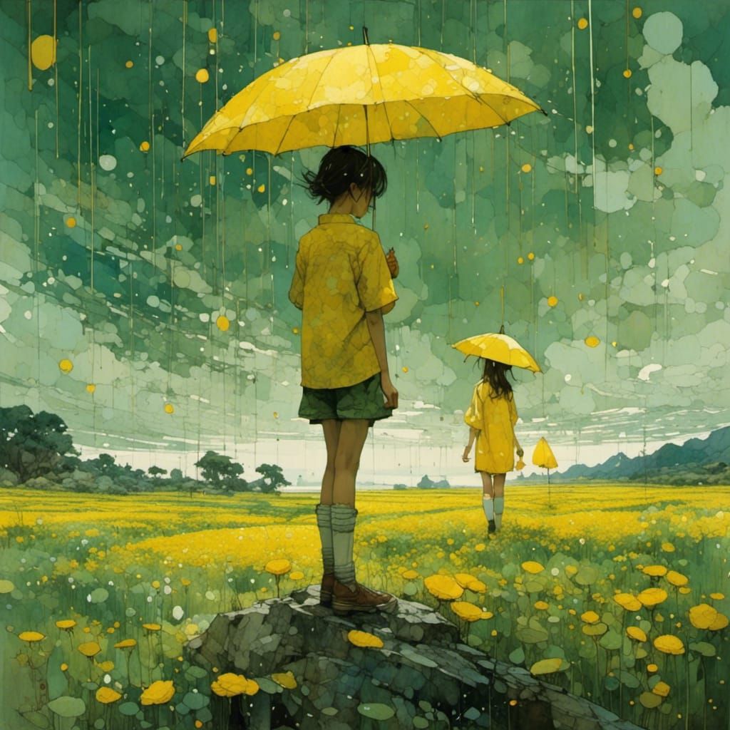 Girl with Umbrella in Rainy Landscape Painting