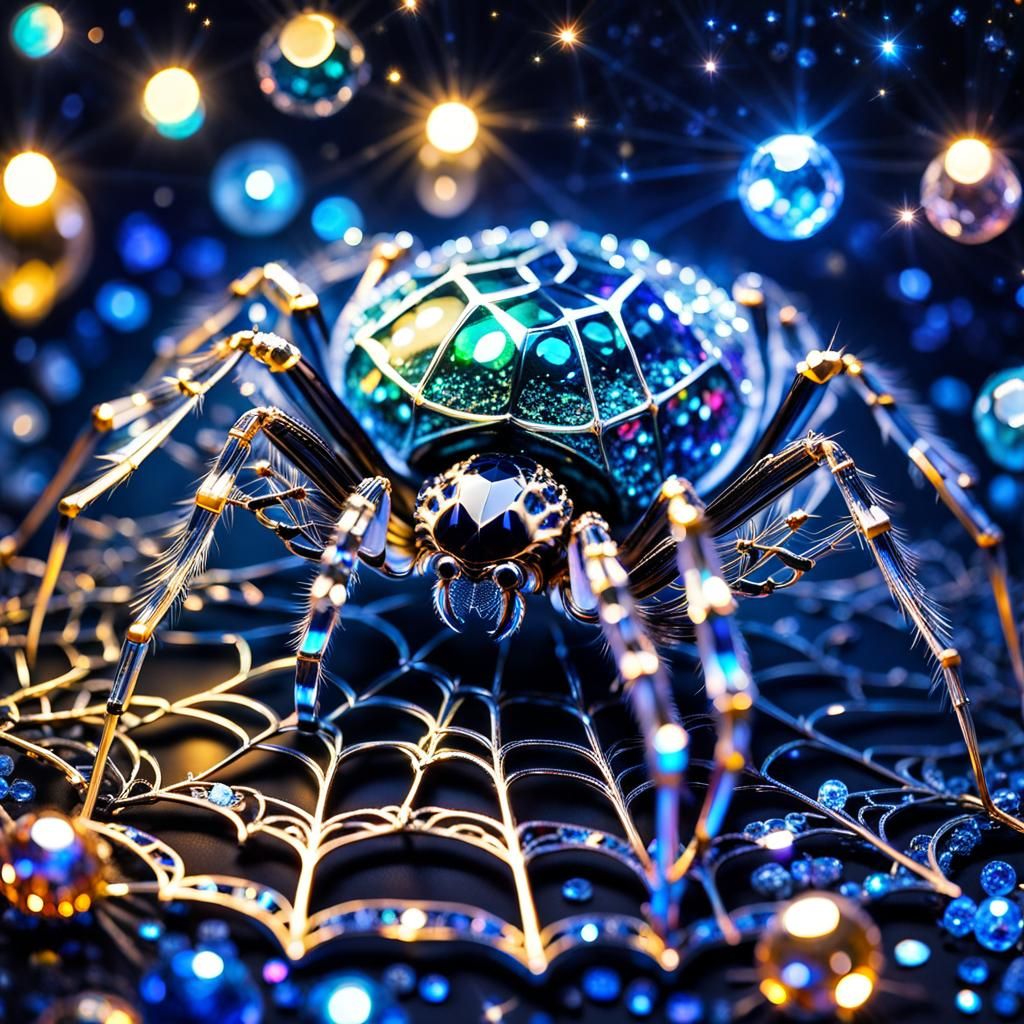 Gemstone Spiderweb with Bioluminescent Spider