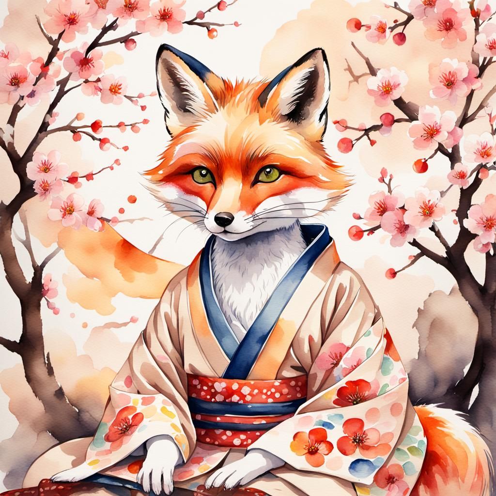 Fox Girl Under Cherry Tree, Watercolor Painting