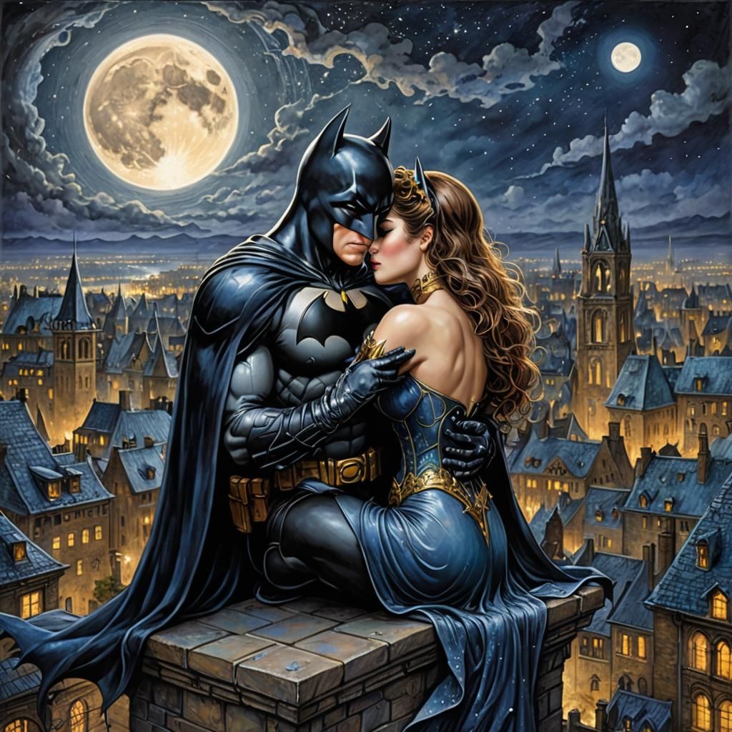 Batman and Catwoman Rooftop Embrace, in Wall Style