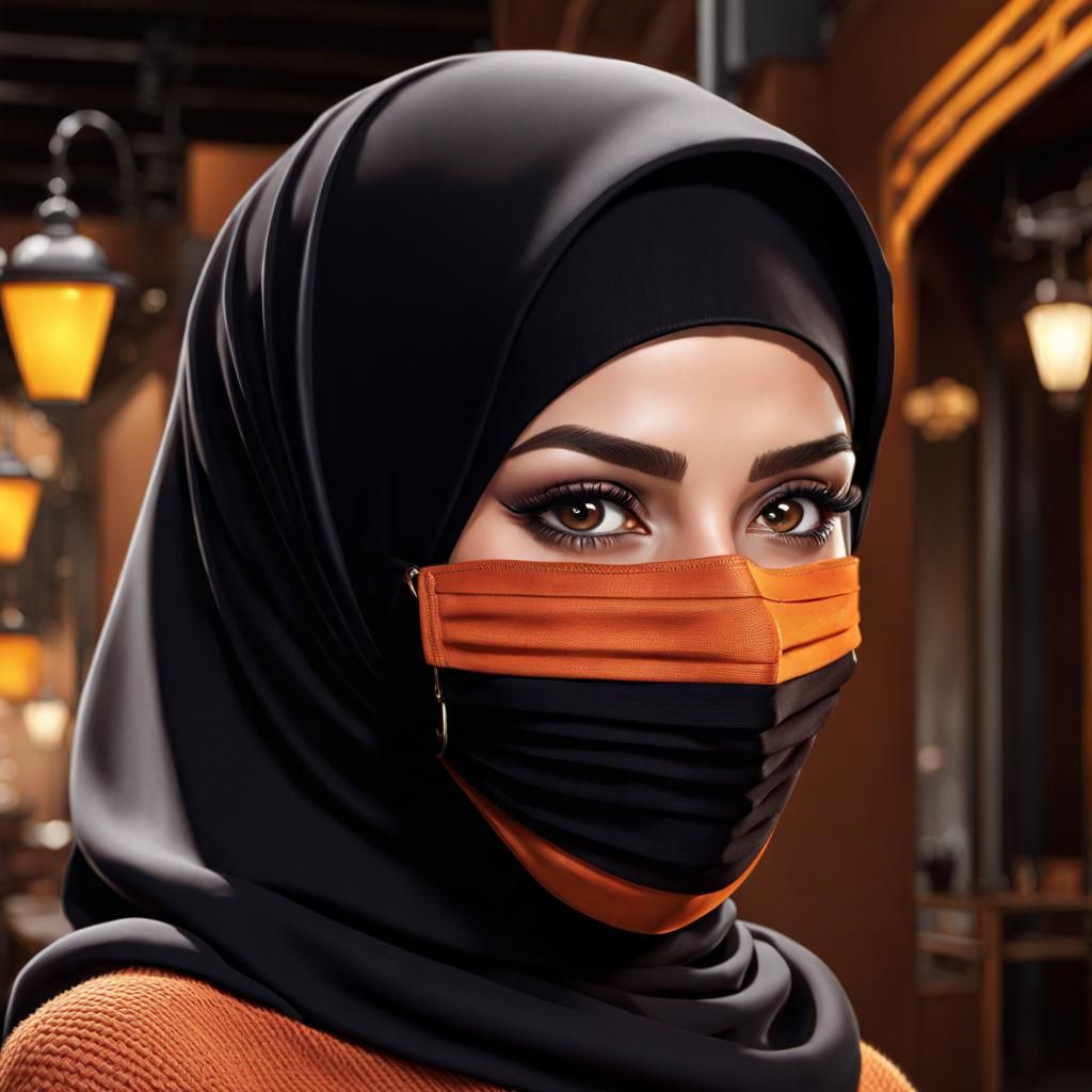 Egyptian Woman in Hijab and Mask, Hyperrealistic Art