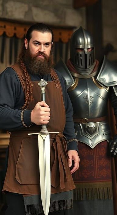 Blacksmith and Knight in Golden Light: Oil Painting