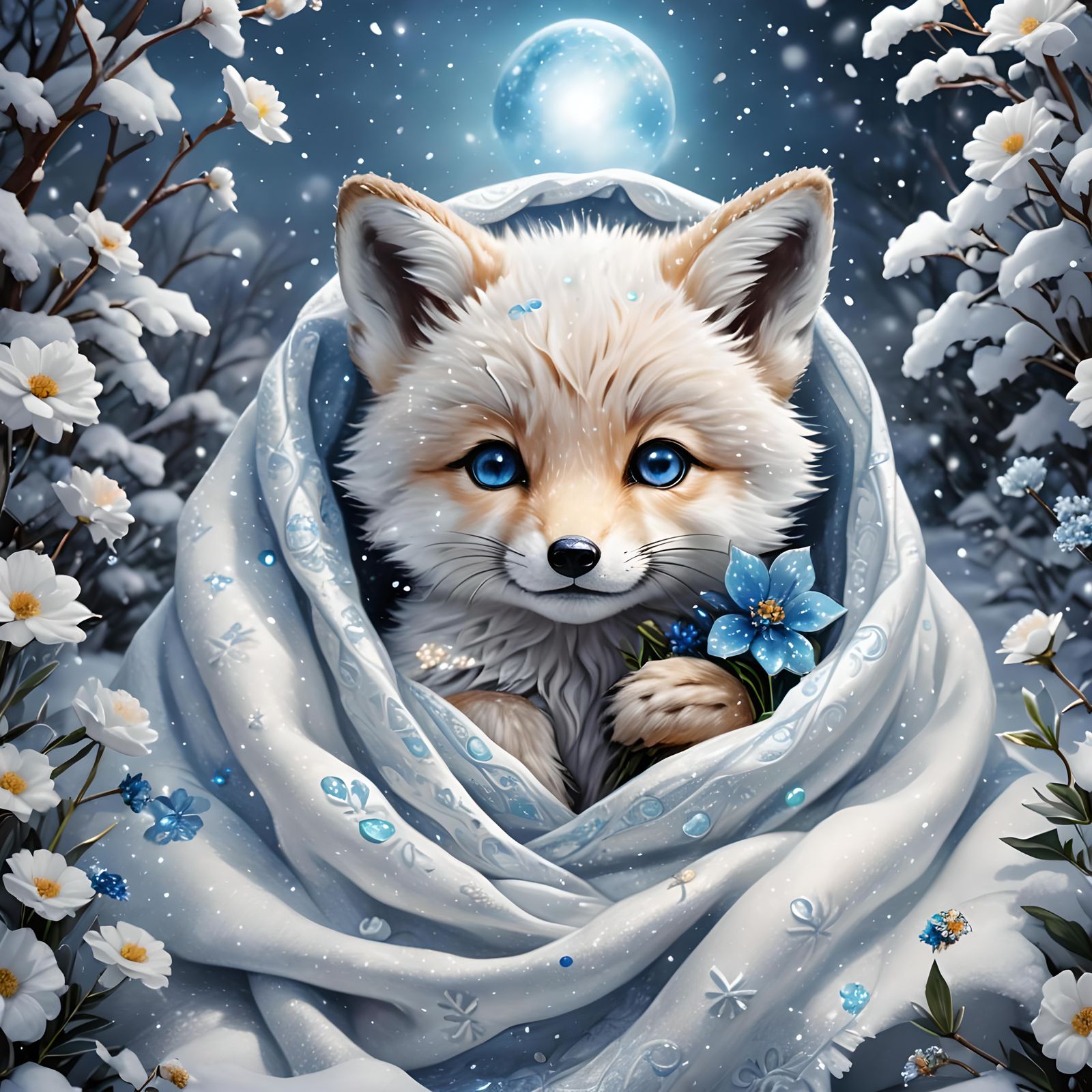 Cute Baby Snow Fox with Blue Flower