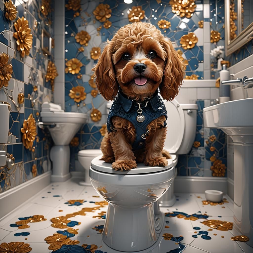 Cavapoo on Toilet: Detailed Matte Painting