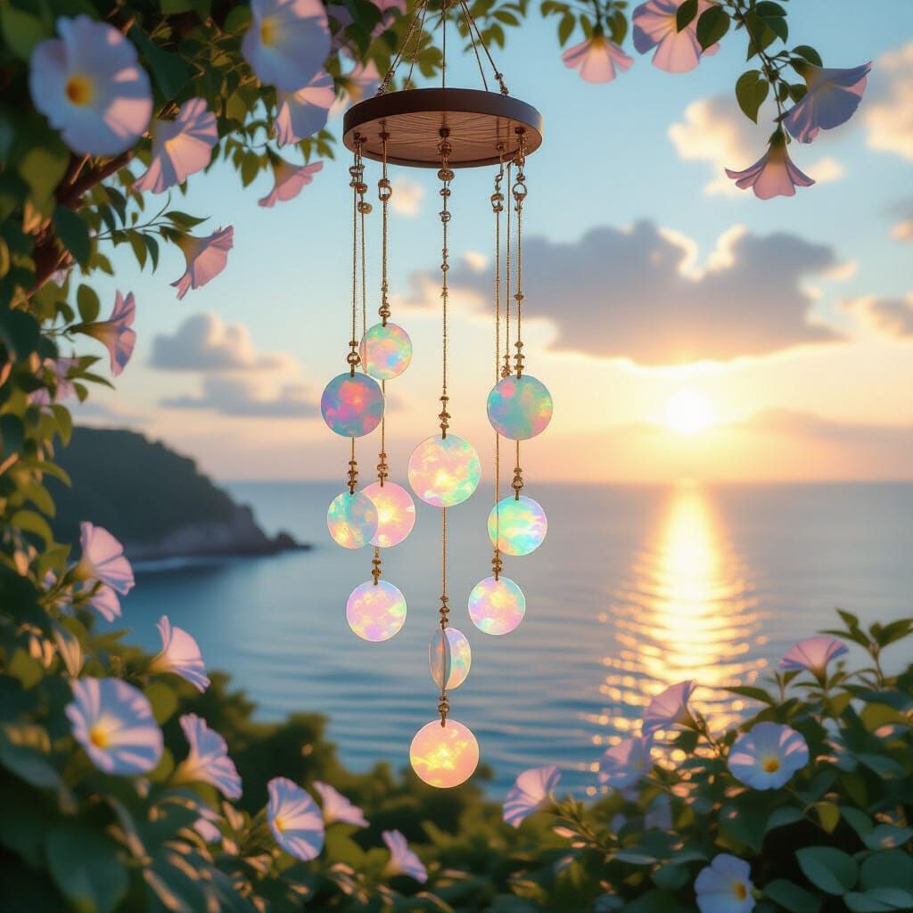 Iridescent Opal Moon Wind Chime with Ocean View