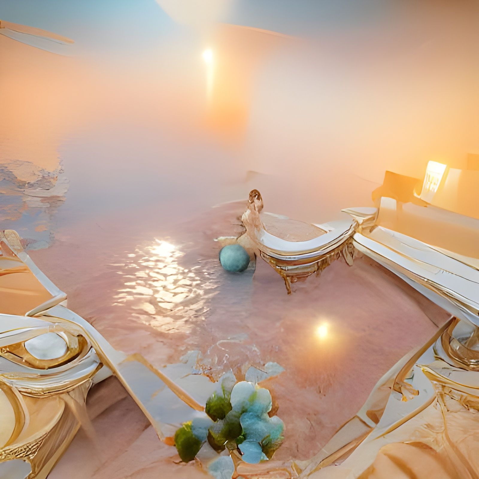 A pool in an ethereal peach-colored room