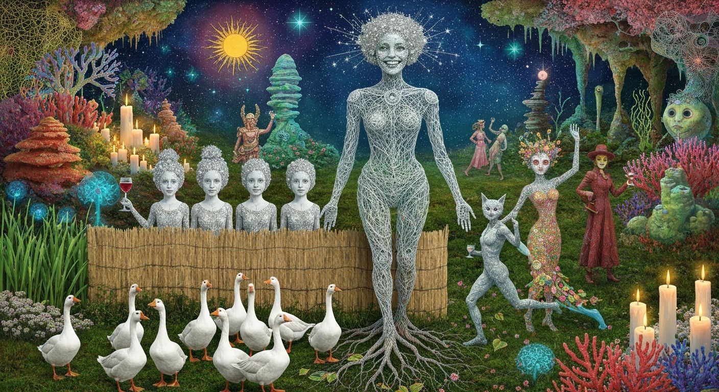 Folkloric Robot and Geese in Surreal Eco-Art Garden