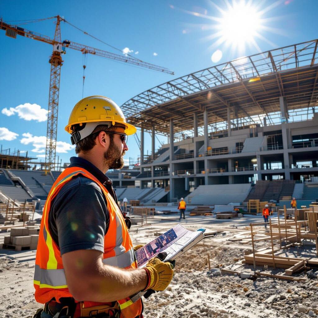 Construction Worker Builds Soccer Stadium, Conceptual Art St...