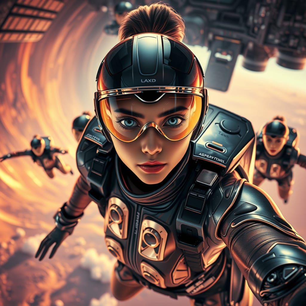 Futuristic Skydiver Descends from Spaceship in Sci-Fi Atmosp...