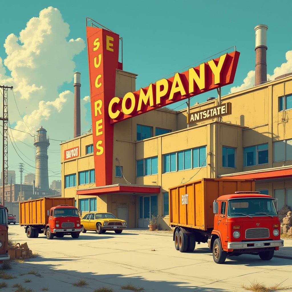 Vibrant Industrial Shoes Factory with Cargo Trucks