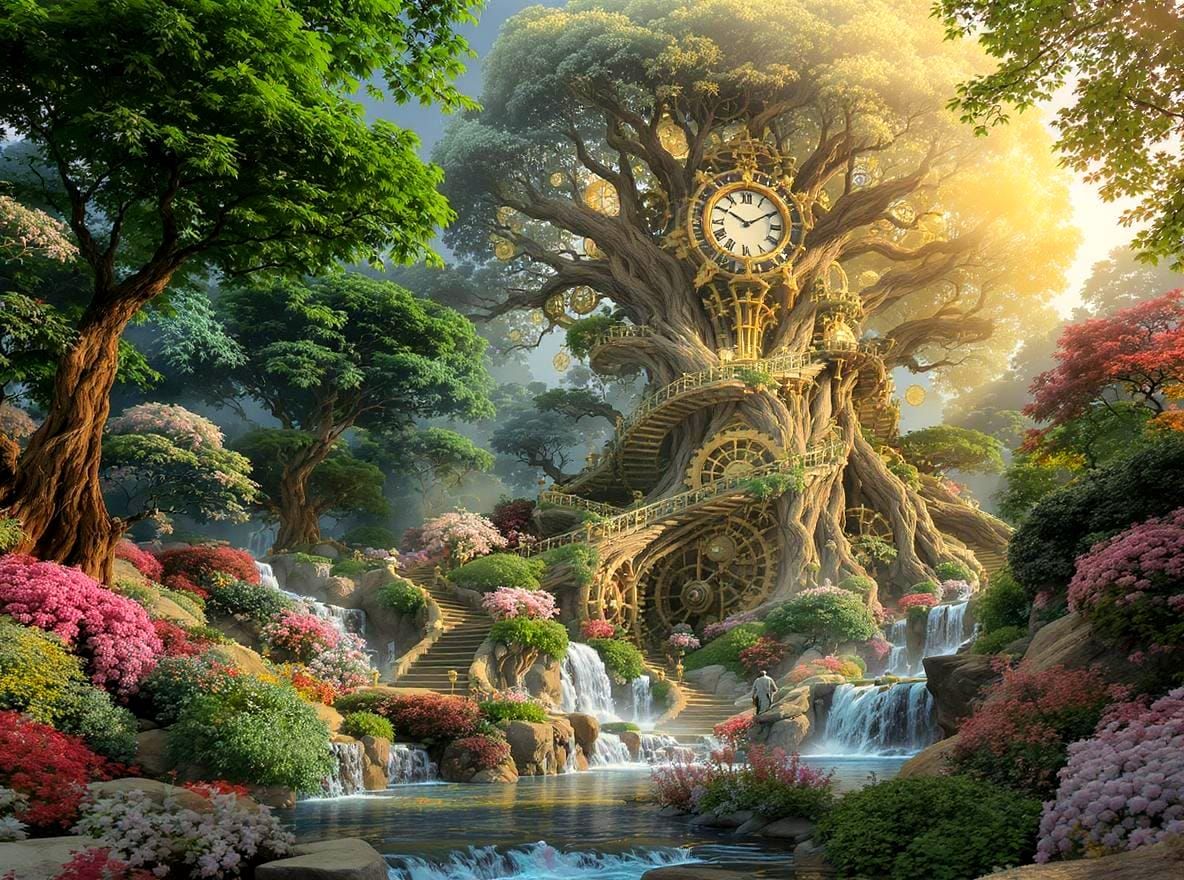 Colossal Tree Clock Tower in Sunlit Grove