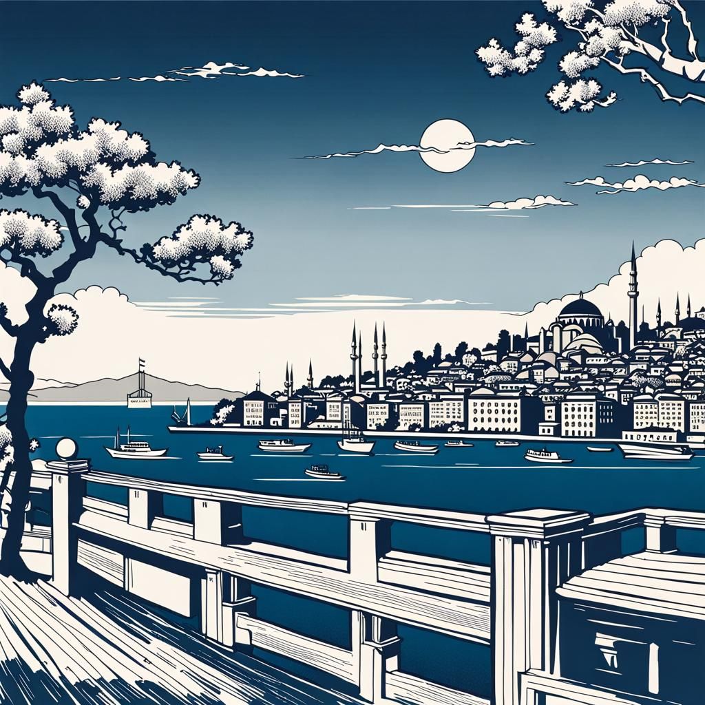 Istanbul Bosphorus View in Ukiyo-e Style