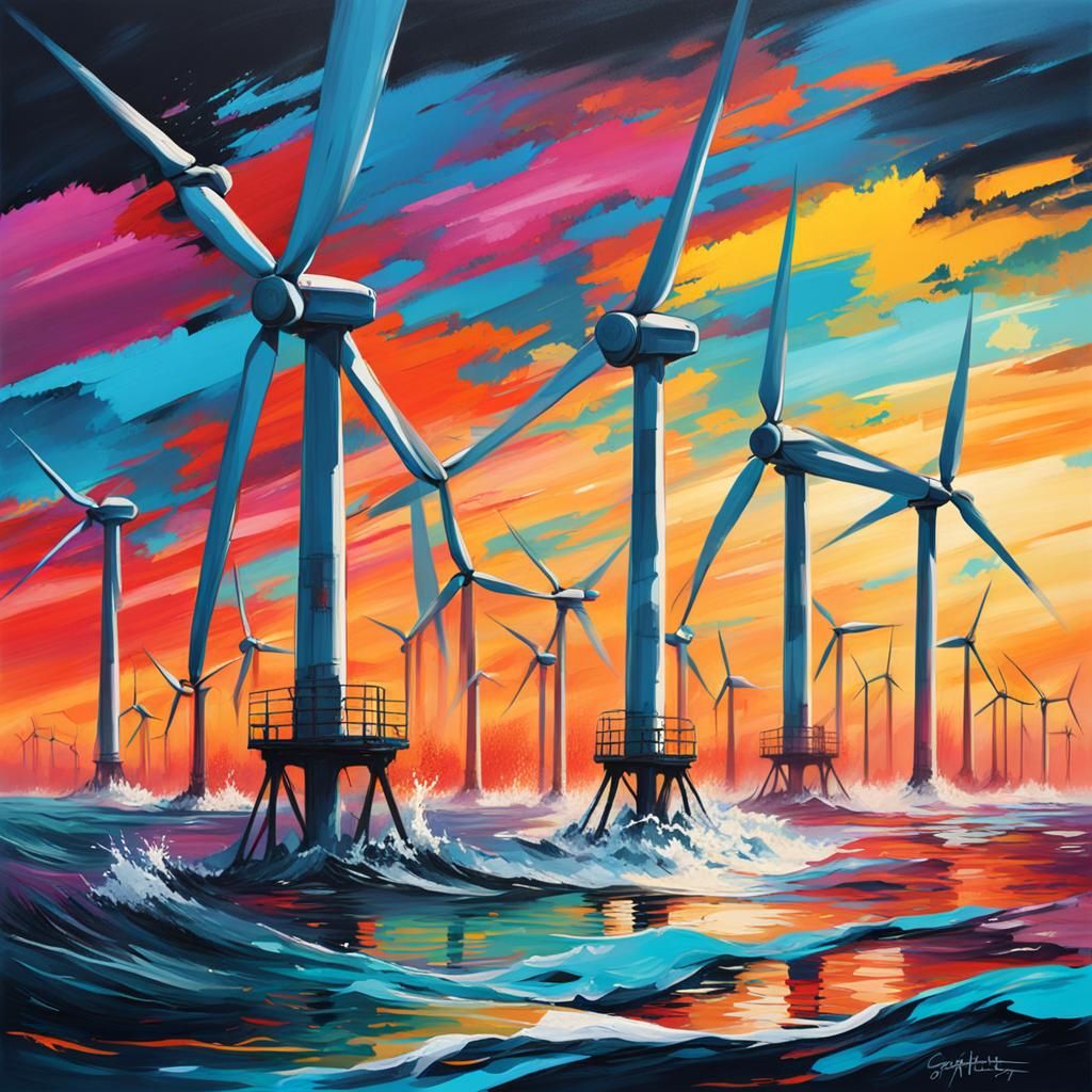 Wind Turbines in Ocean: Graffiti Art Style