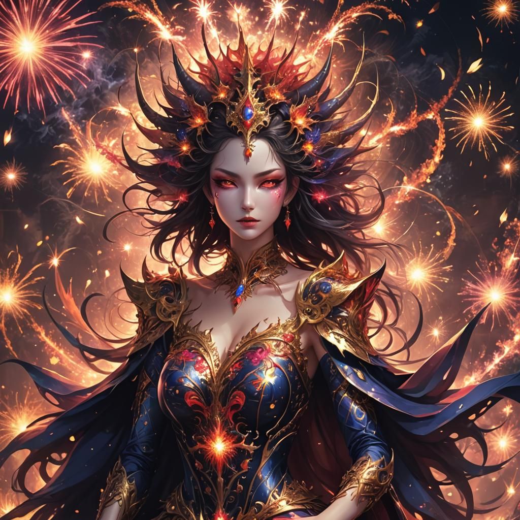 Anime Demon Queen Amidst Fractal Fireworks