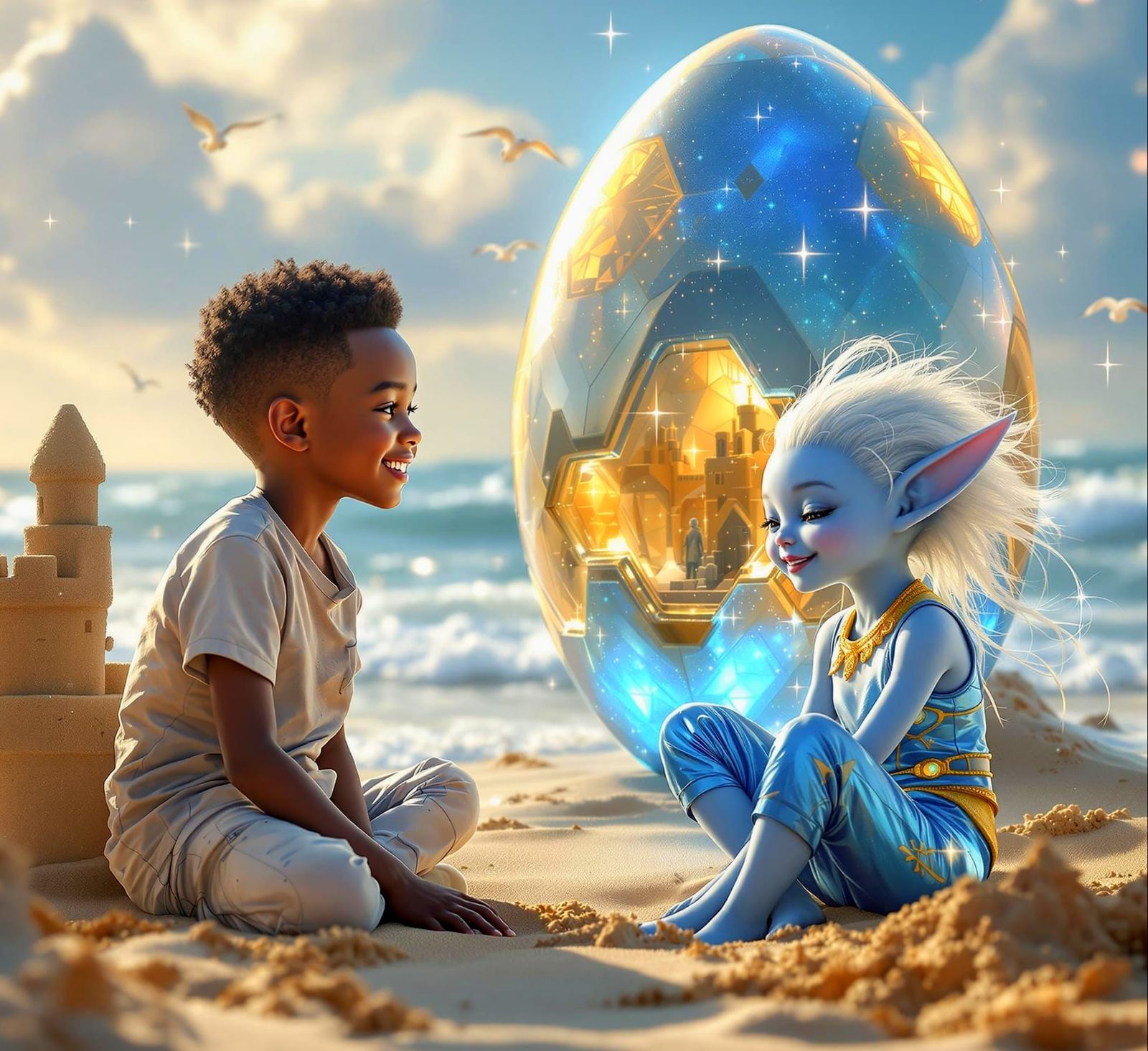 Beachside Meeting: Boy and Alien Children Reunion