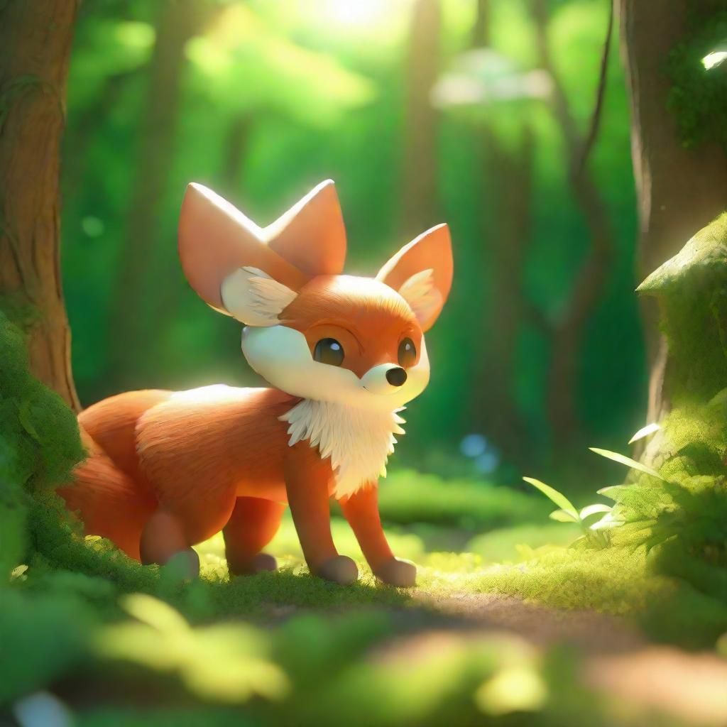 Baby Fox in Sunlit Forest: Whimsical 3D Anime Art