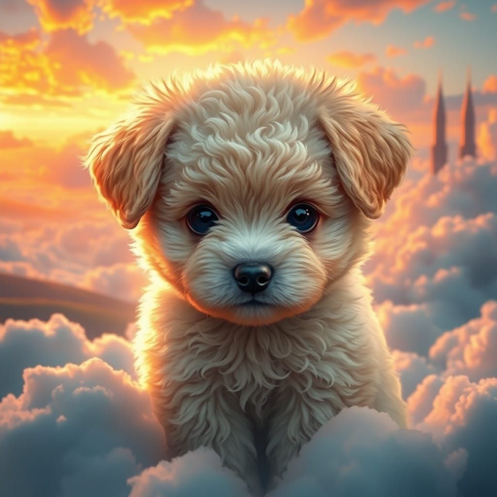 Fluffy Puppy in Whimsical Cloudscape