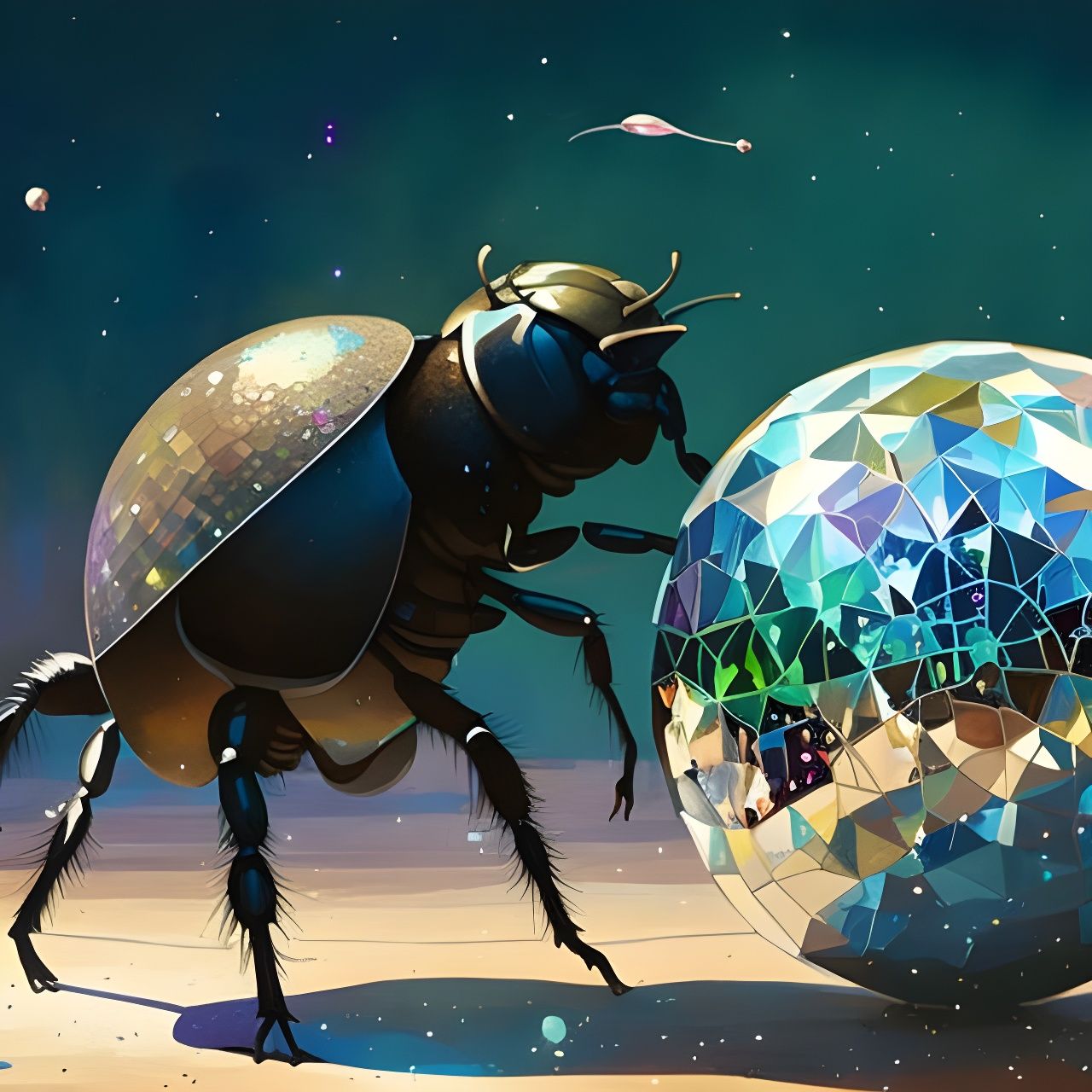 Dung Beetle Pushing Disco Ball as Impasto Painting