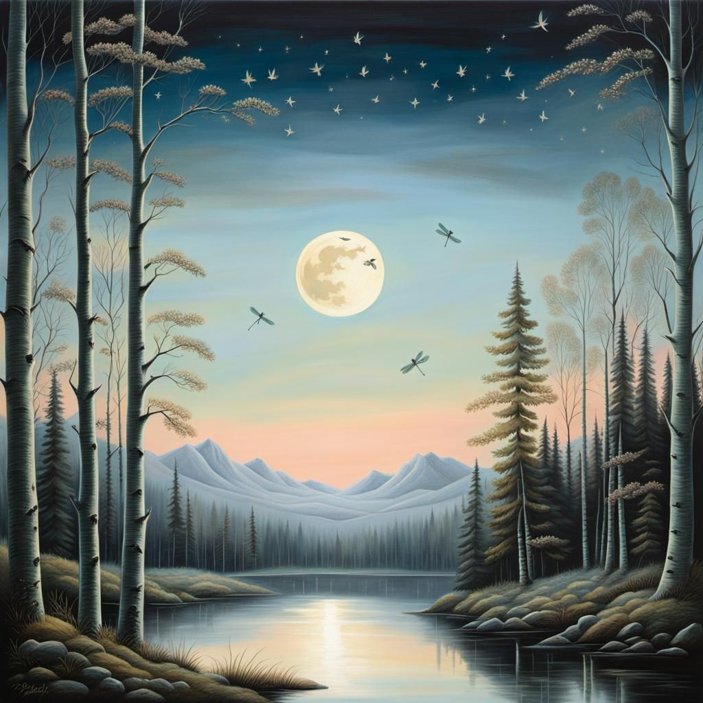 Dragonflies in Birch Forest: Romantic Painting