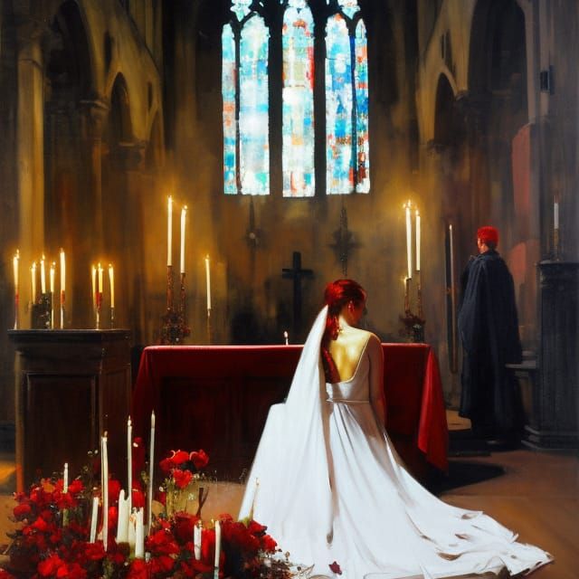 Red-Haired Girl on Altar: Gouache and Watercolor Illustratio...