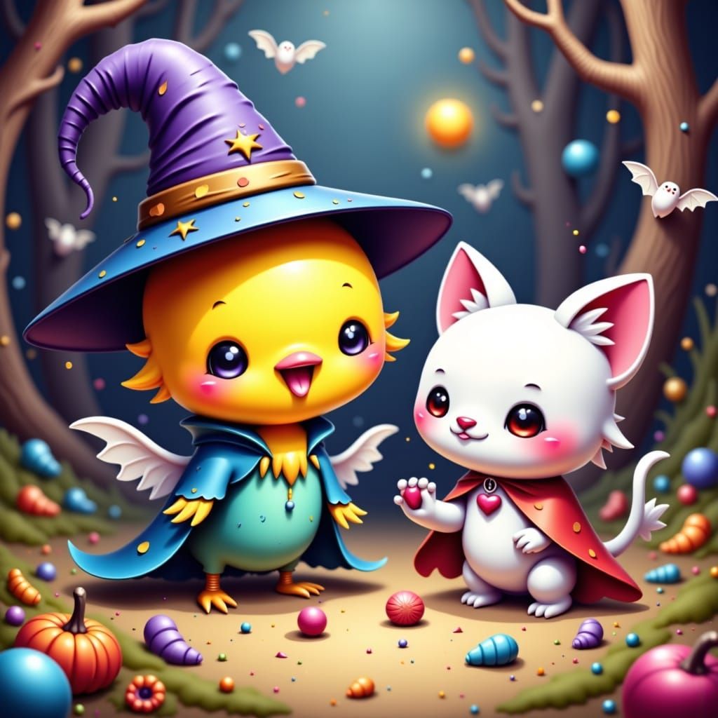 Chibi Ghosts in Halloween Scene