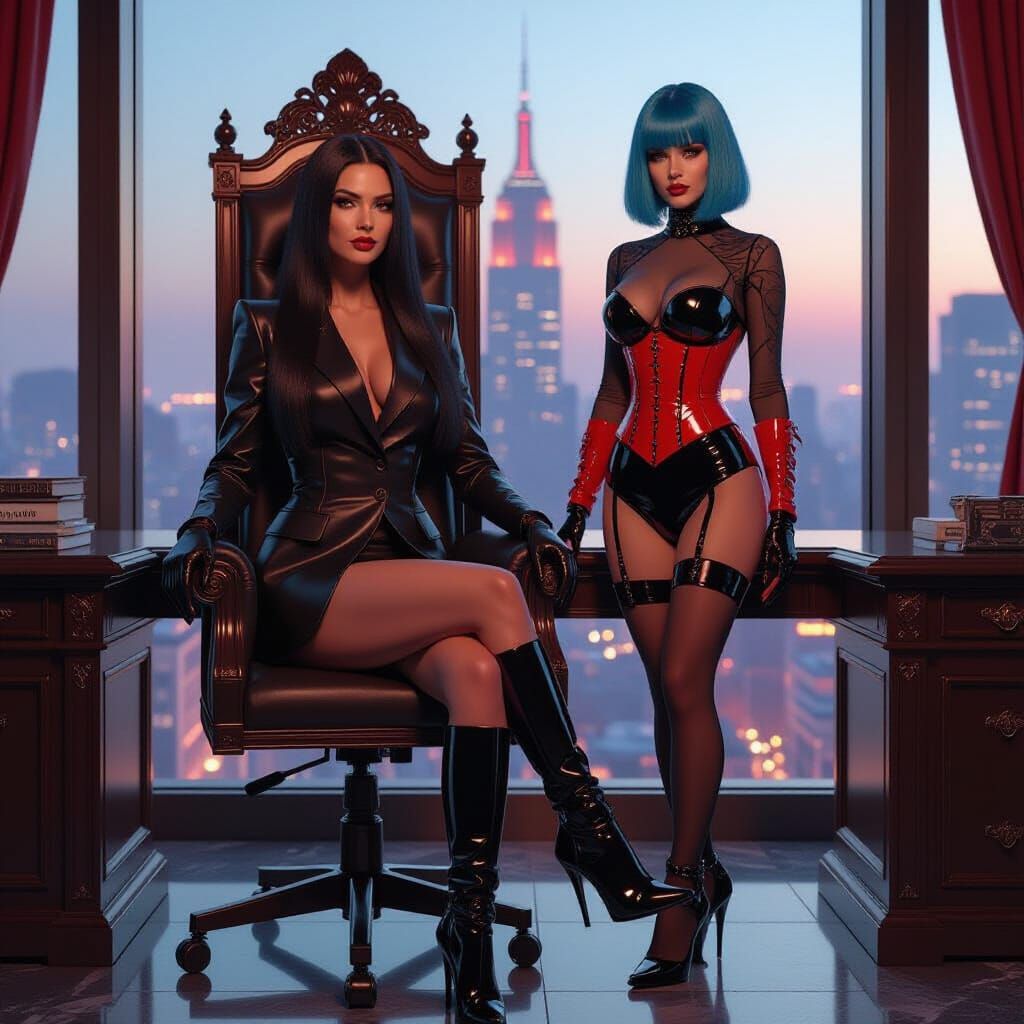 Cyberpunk Queen on Throne in Neon City Office